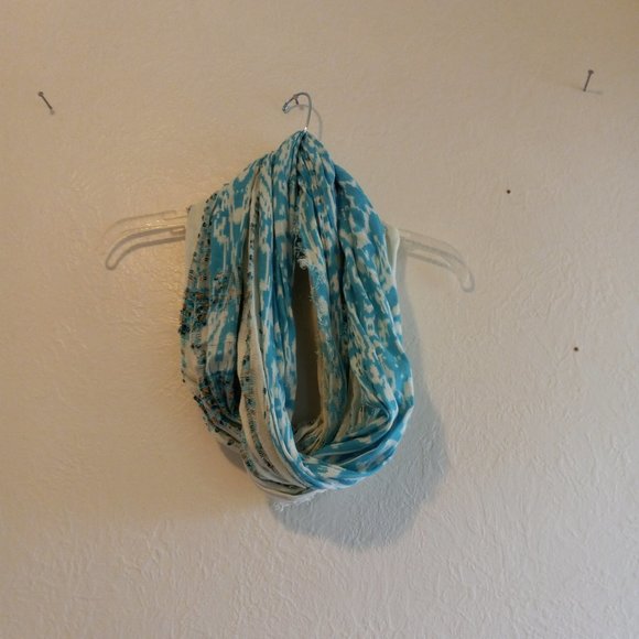 Turquoise Blue & White Ikat Mixed Print Infinity Scarf - Picture 2 of 16